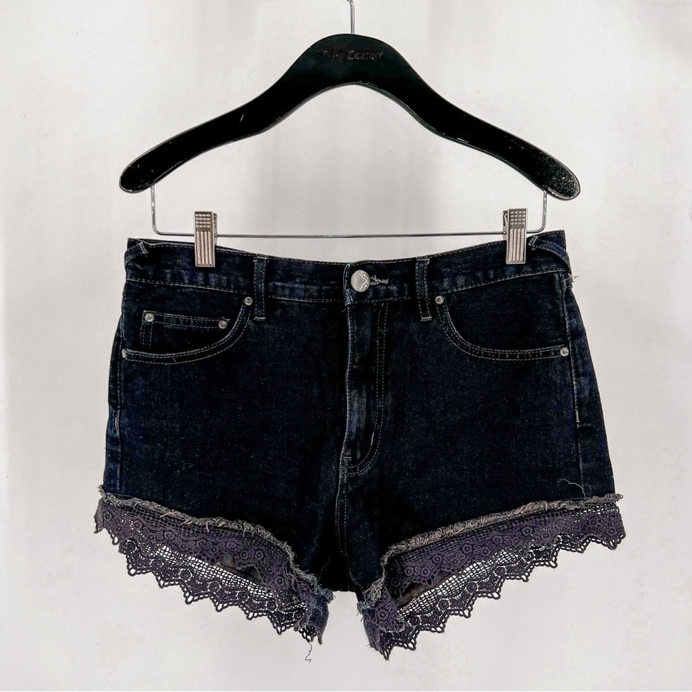FREE PEOPLE Mid Rise Denim Black Shorts Lace Trim